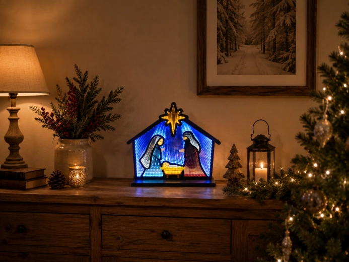 Božična 3D dekoracija jaslic z neskončnim zrcalnim učinkom (infinity) LED 33,5 × 8 × 28,7 cm