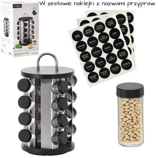 Vrtljiv okrogel stojalo za začimbe z ročajem, 16 steklenih posodic, črno-srebrn, 17,5 × 33 cm