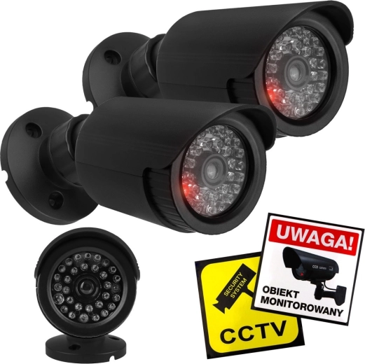 Komplet dveh lažnih cevnih kamer z utripajočo LED, črn ABS, IP44