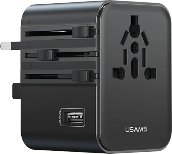 USAMS potovalni univerzalni adapter in polnilnik 17 W (2× USB‑C + USB‑A) 4v1 US/AU/EU/UK, črn