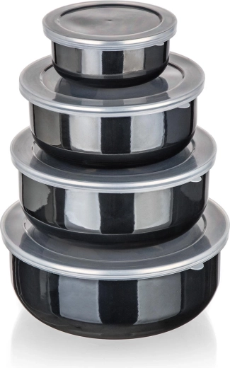 Set emajliranih skled s pokrovi METALIC Black, 8 delov