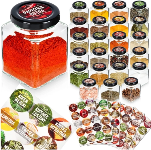 Steklene začimbnice 100 ml – set 24 kosov z 90 nalepkami