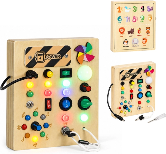 Wooden interactive busy board with LED lights ECOTOYS