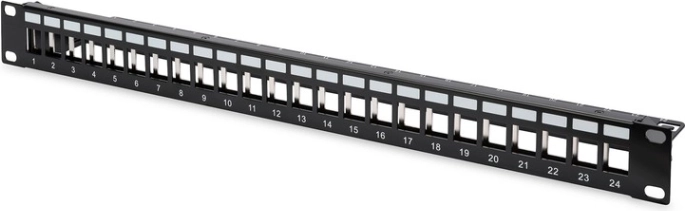 Patch panel 19" s 24 priključki za keystone module, oklopljen, 1U, z vodenjem kablov in opisnimi polji, črn