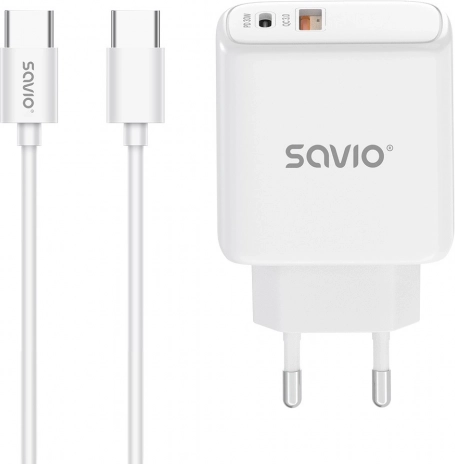 omrežni polnilec 30 W z USB‑C PD in USB‑A QC + kabel USB‑C – Savio