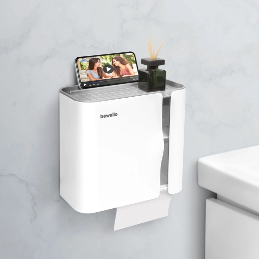 Wall-mounted toilet paper holder with shelf, white