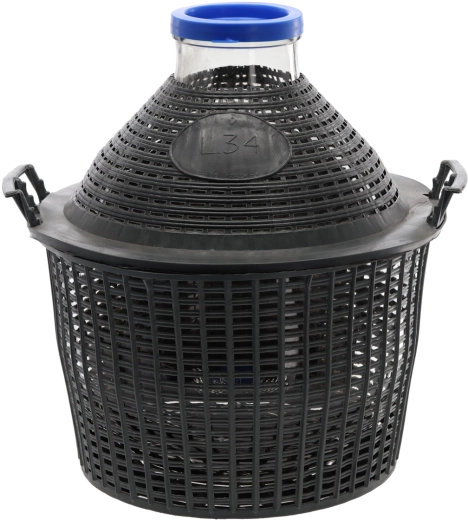 Stekleni damižon 34 l s širokim vratom v plastični košari