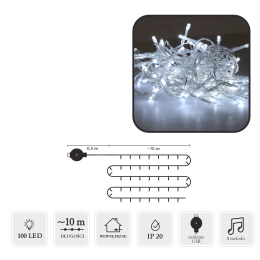 LED božični niz z melodijo USB, 100 LED, hladno bela, 10 m