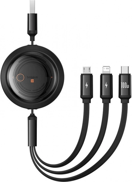 Vpotegljiv polnilni kabel 3 v 1 BASEUS Free2Draw 100 W, 1,1 m – USB‑A na USB‑C/Lightning/Micro USB (črn)