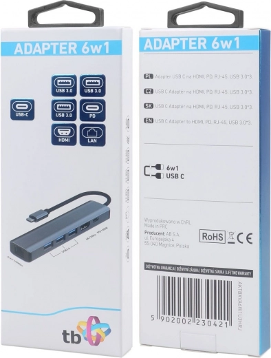 HUB USB-C adapter 6v1 - HDMI, 3x USB, PD, RJ-45