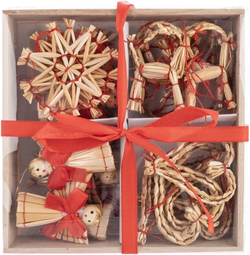 Straw ornaments in a basket (24 pcs)