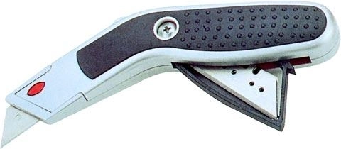 Kovinski izvlečni nož s trapezno rezilo in predalom za nadomestna rezila