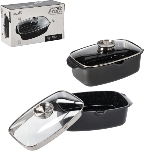 Aluminijast pekač 32 × 21,5 × 11 cm s steklenim pokrovom