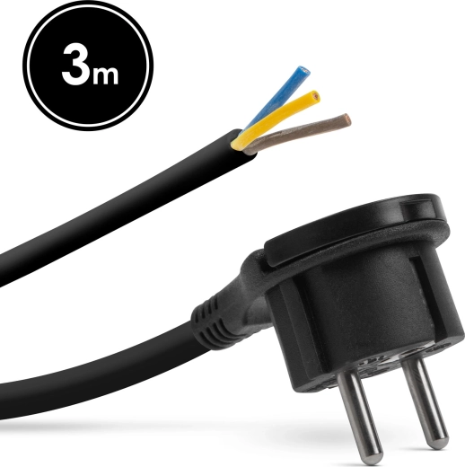 Assemble-yourself power cable with grounded plug and pull tab, 3 m, black