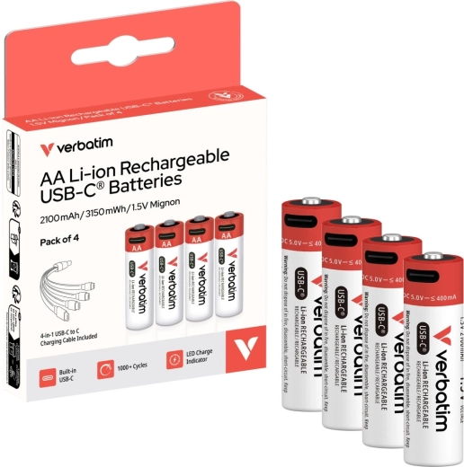 Polnilne baterije Verbatim AA USB-C 2100 mAh s kablom – 4 kosi