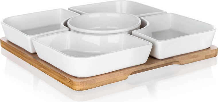 Servirni komplet iz porcelana in bambusa BRILLANTE, 6-delni