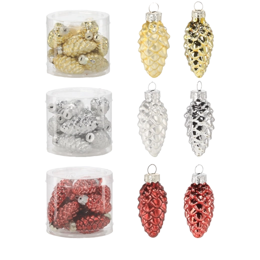 Set steklenih božičnih okraskov storži 12 kosov