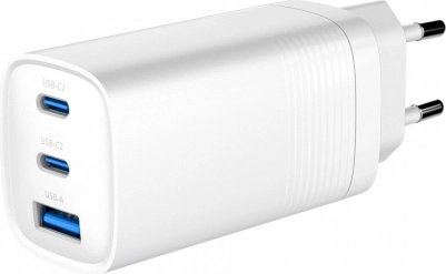 Hitri GaN polnilec 65 W s Power Delivery, 2× USB‑C in 1× USB‑A, bel