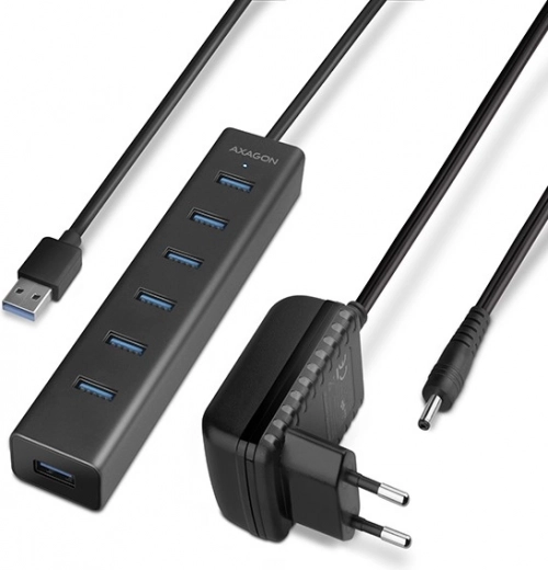 USB 3.2 Gen 1 razdelilnik AXAGON s 7 vrati in polnjenjem, aluminijast, z adapterjem