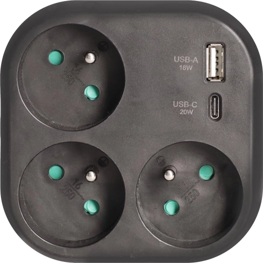 Solight razdelilnik s 3 vtičnicami in hitrim polnilnikom USB-A/USB-C 20 W PD, črn