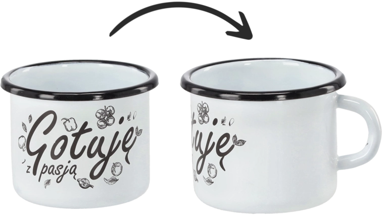 Emajliran lonček 0,5 l bel z napisom Gotuję z pasją