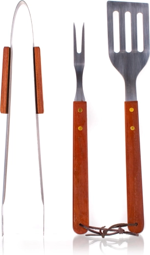 Set žarnega pribora iz nerjavnega jekla z lesenimi ročaji, 3-delni