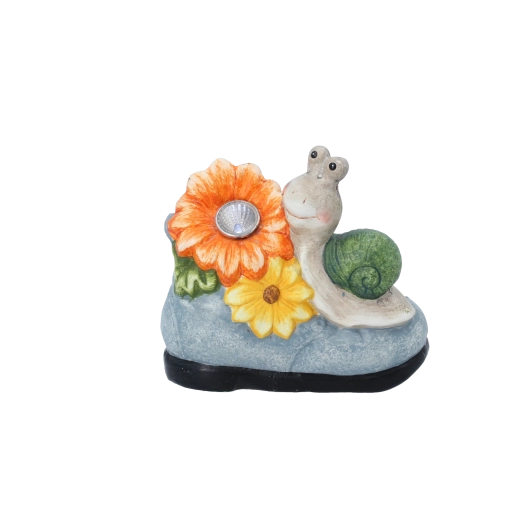 Vrtna dekoracija polž s cvetlico in LED svetlobo