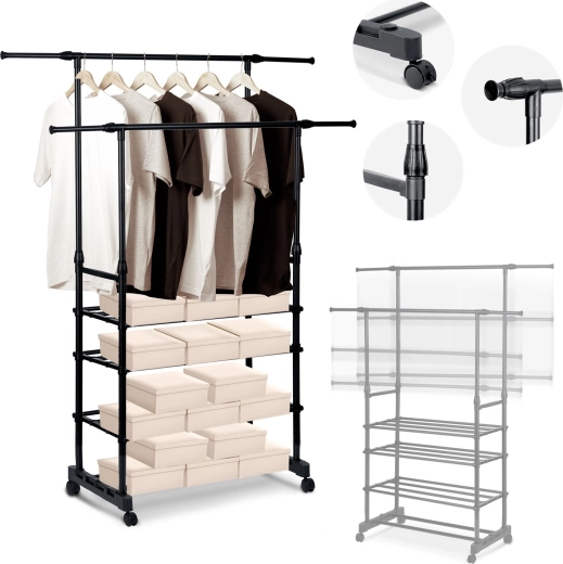 Samostoječe stojalo za oblačila Massido, črno, XXL z nastavljivo višino in policami