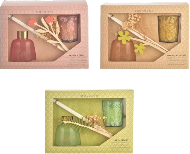 Darilni set: aroma difuzor s palčkami in dišeča sveča – 3 različice