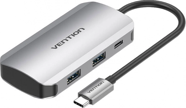 USB-C priklopna postaja 5-v-1 s 4× USB 3.0 in PD napajanjem 100 W Vention, kabel 15 cm, siva