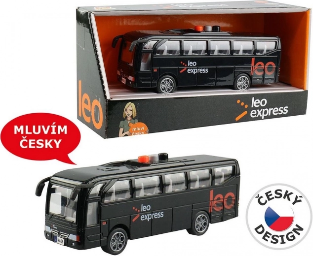 Avtobus LEO EXPRESS z lučmi in napovedmi voznika in posadke