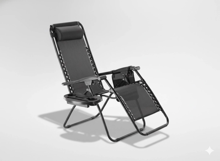 Zložljiv vrtni ležalnik s pladnjem, žepom in blazinico – črn