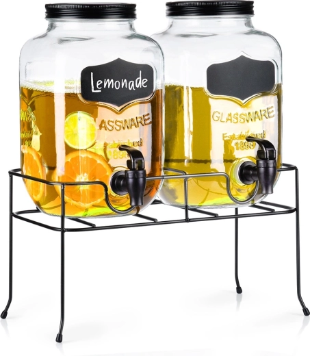 Dvojni stekleni dozirnik za pijačo s pipo in črnim stojalom 2×4 l