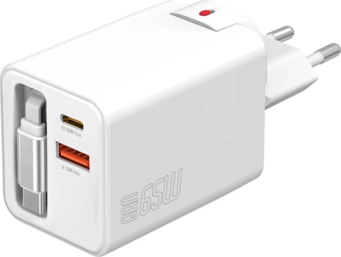 Omrežni polnilec GaN 65 W z izvlečnim kablom, 2× USB‑C + USB‑A, bel