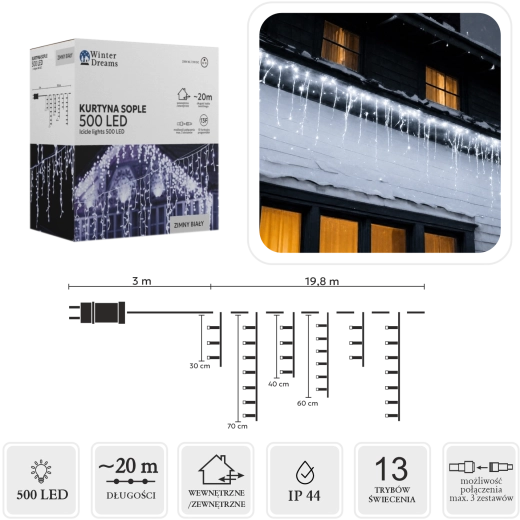 LED svetlobna zavesa z ledenimi svečami, 500 LED, hladno bela, 20 m