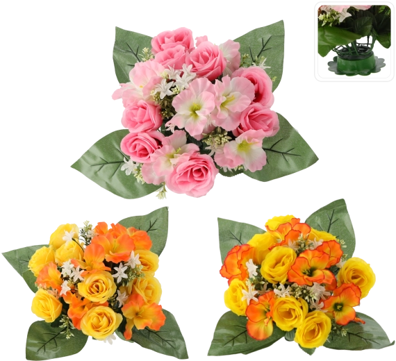 Umetniški šopek vrtnice in hibiskus, mešanica barv, 25 × 28 × 28 cm