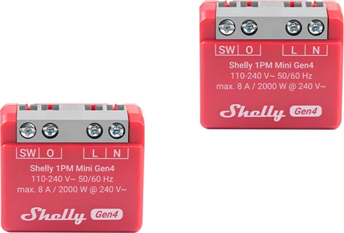 Shelly 1PM Mini Gen4 – komplet 2 kosov pametnih relejev z merjenjem porabe (Wi‑Fi/Zigbee/Bluetooth, Matter)