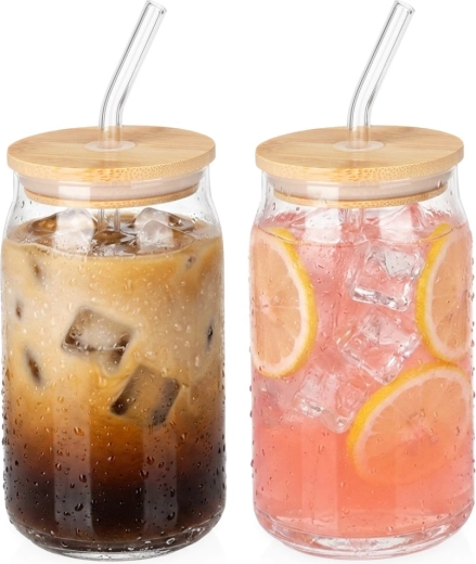 Vilde stekleni lončki z bambusovim pokrovom in stekleno slamico 460 ml, 2 kosa