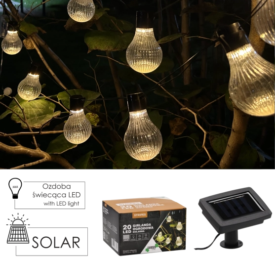 Solarna vrtna svetlobna veriga Stripes 20 LED, topla bela, 5,8 m
