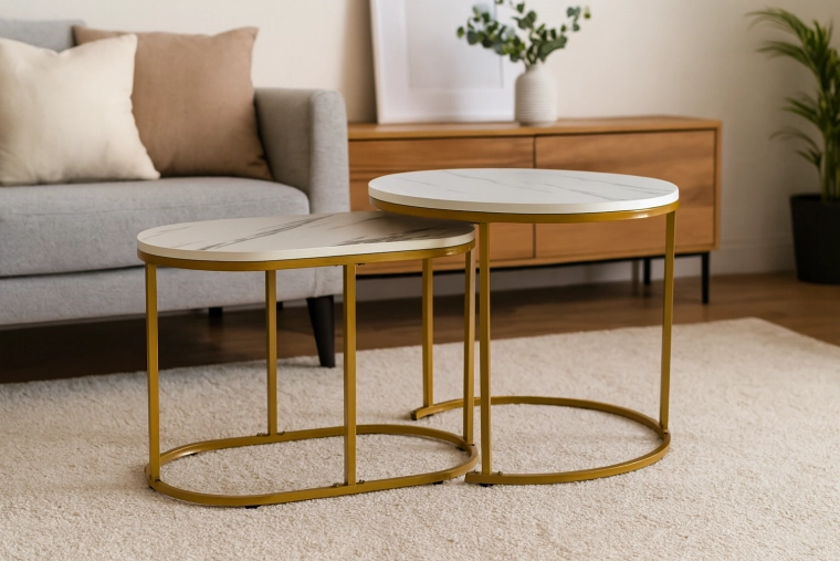 Komplet dveh klubsnih miz z marmornim učinkom, okrogla in ovalna, zlat kov