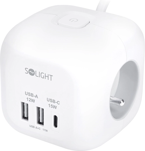 Kockasti podaljšek Solight s 3 vtičnicami + USB-A in USB-C, kabel dolžine 2 m, bel