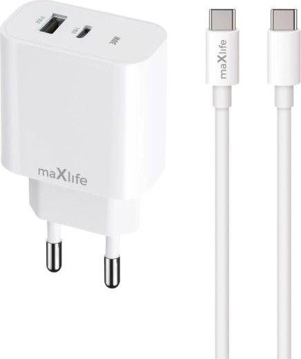Maxlife hitri polnilec 30 W z USB‑C in USB + kabel USB‑C – Lightning