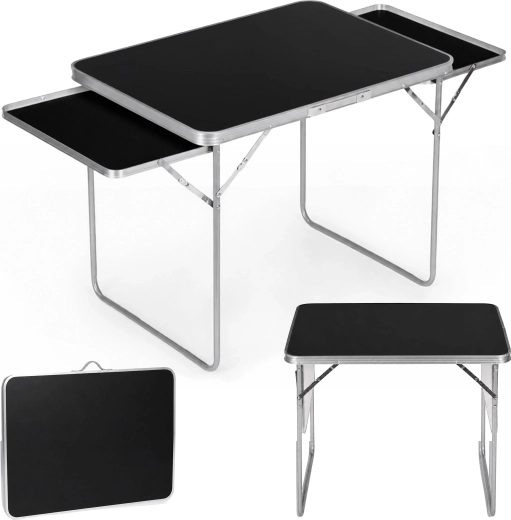 MultiGarden zložljiva kamping miza 120 × 60 cm z 2 stranskima policama, črna