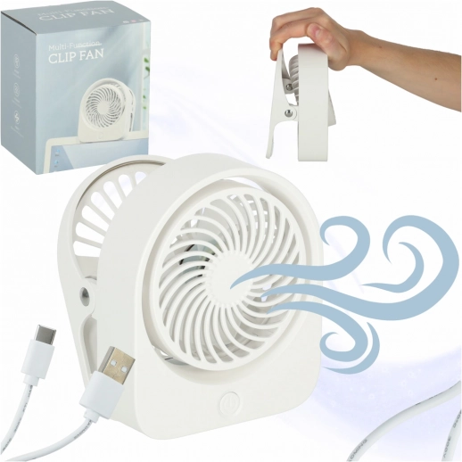 Namizni mini ventilator s sponko, brezžični USB, 3 hitrosti, 11,5 cm, bel
