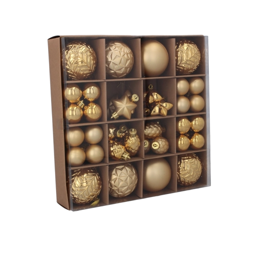 Komplet 60 božičnih okraskov v rdeči, zlati in srebrni barvi