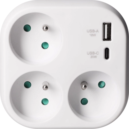 Solight razdelilni adapter s 3 vtičnicami in 20 W hitrim polnjenjem USB PD, bel