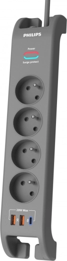 Prenapetostni podaljšek 2 m, 4 vtičnice, 1× USB‑C, 2× USB‑A, PD 20 W / QC 18 W, 2400 J – Philips
