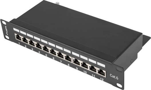 Patch panel 12 portov 1U za 10'' omaro, kategorija 6, oklopljen, črn