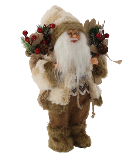 Standing beige Santa with skis, 30 cm