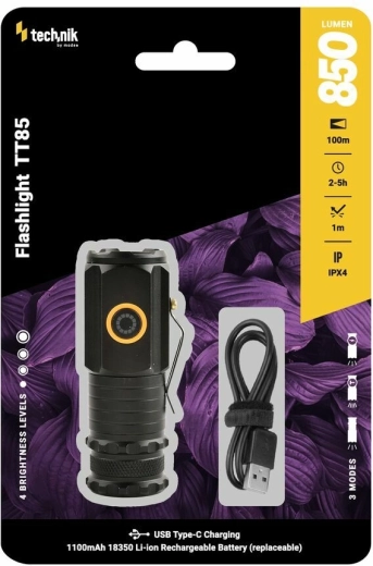 Žepna svetilka Technik TT85, 850 lm, 3× LED P35, USB‑C, magnetno dno